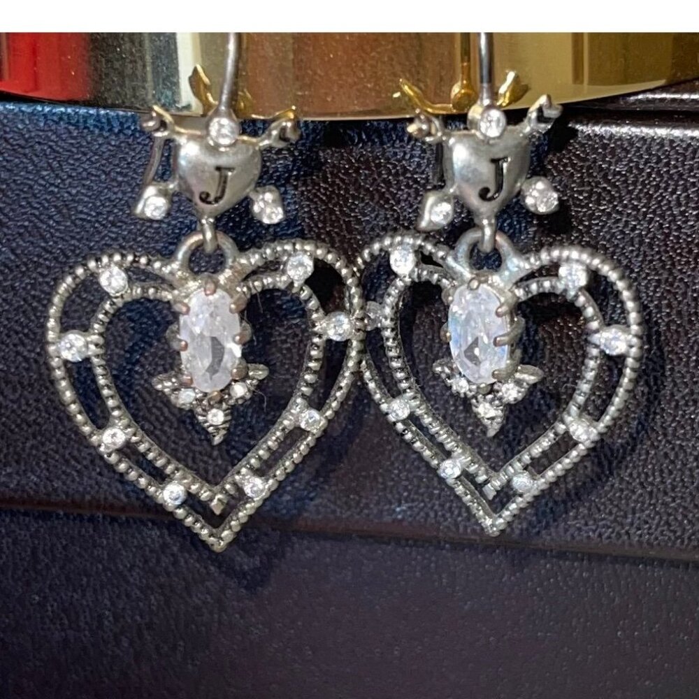 Vintage Juicy Couture Heart Crystal Drop Earrings Silver Tone Rhinestone Dangle